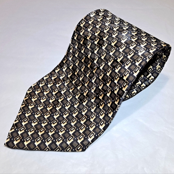 Filograna Uomo 💯 Silk Men's Necktie 57-60" x 3.75" Black/Tan Herringbone Italy - Picture 1 of 9